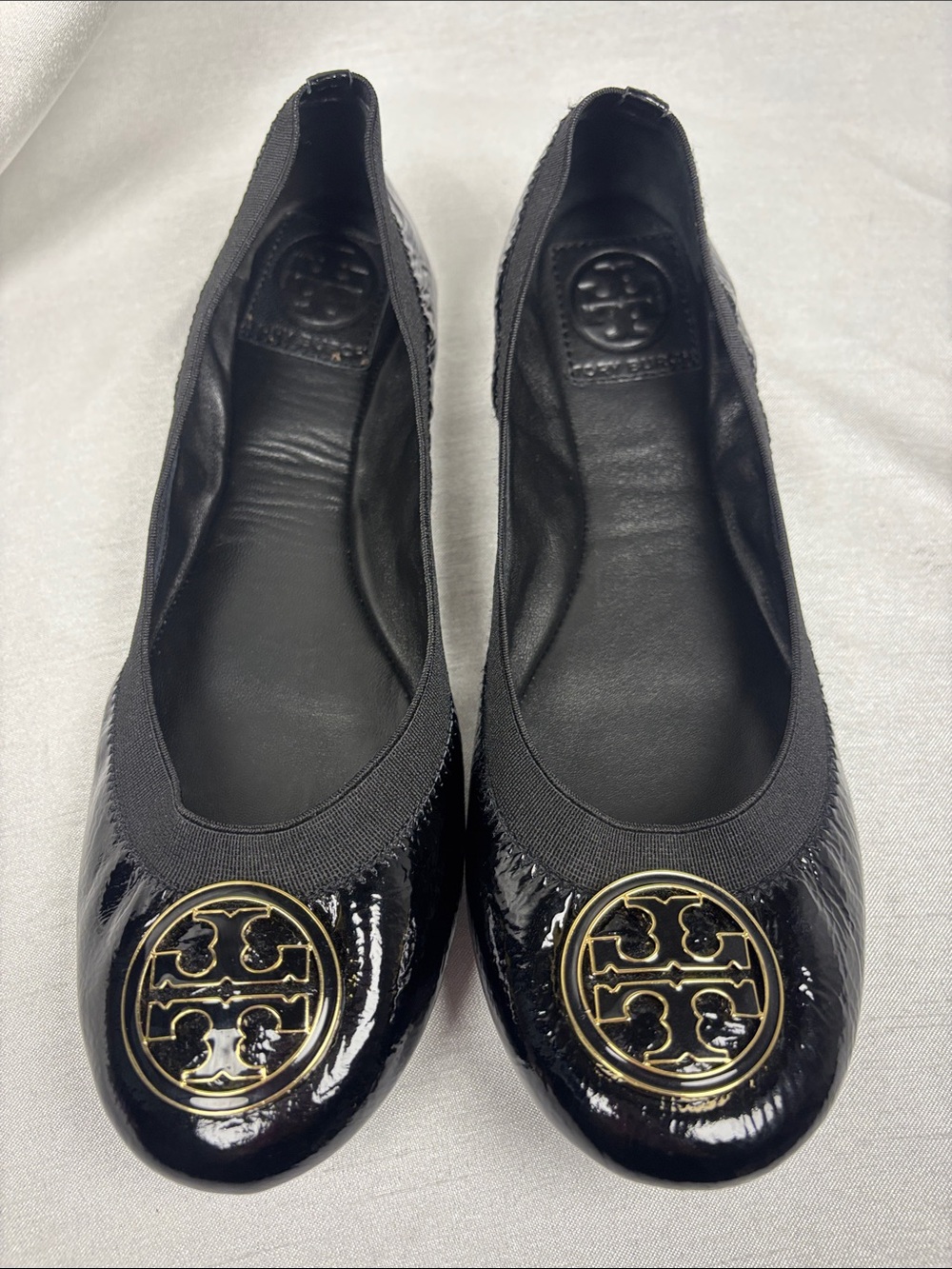 Tory Burch Black Patent Ballet Flats with Gold Logo